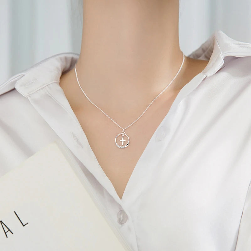 Modian New Fashion Mini Cross Geometric Round 925 Sterling Silver Pendant for Women Link Chain Adjustable Necklace Fine Jewelry