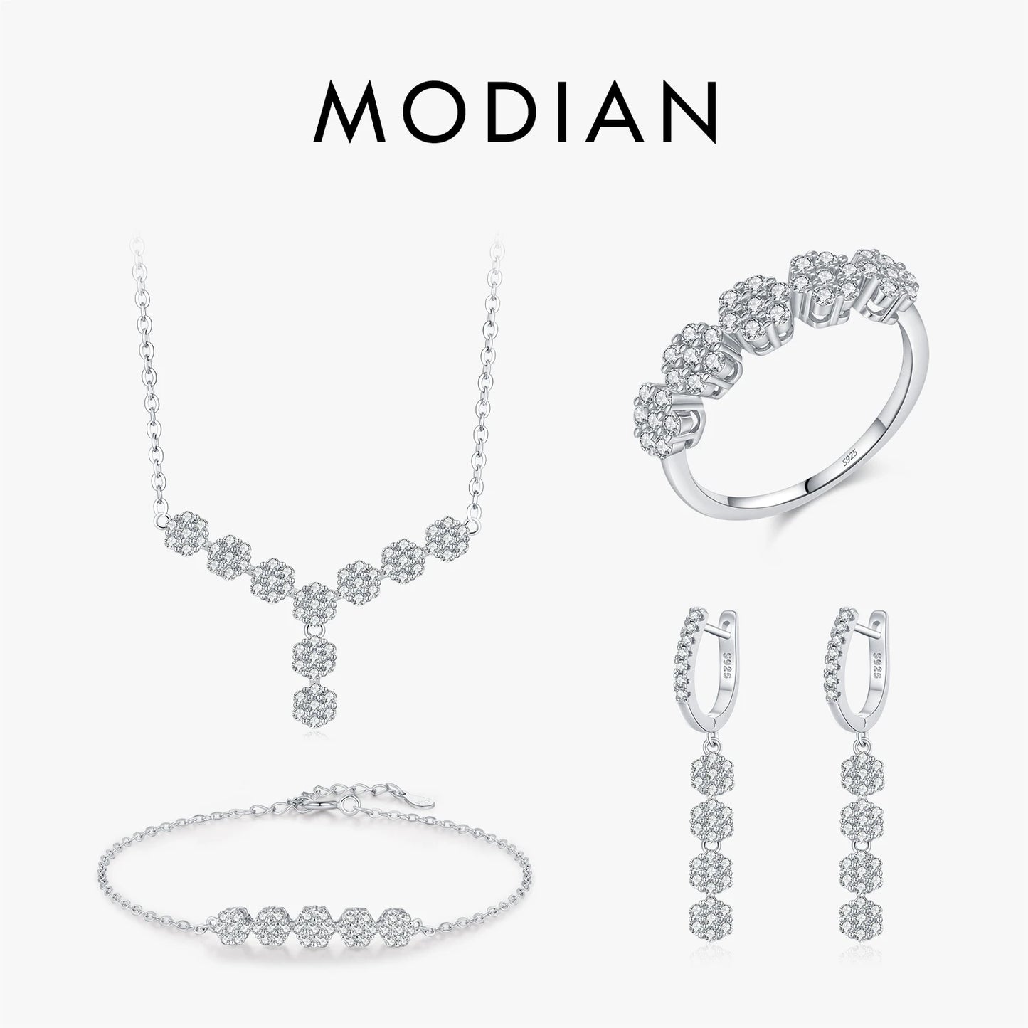 MODIAN 925 Sterling Silver Flowers Pendant Necklace & Bracelet & Dangle Earrings & Rings For Women Wedding Jewelry Sets