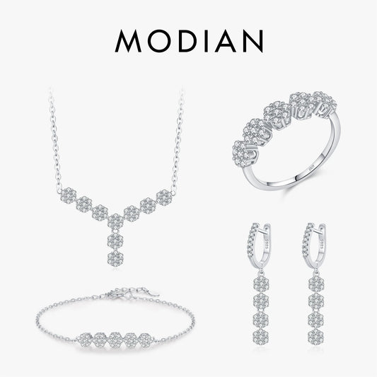 MODIAN 925 Sterling Silver Flowers Pendant Necklace & Bracelet & Dangle Earrings & Rings For Women Wedding Jewelry Sets