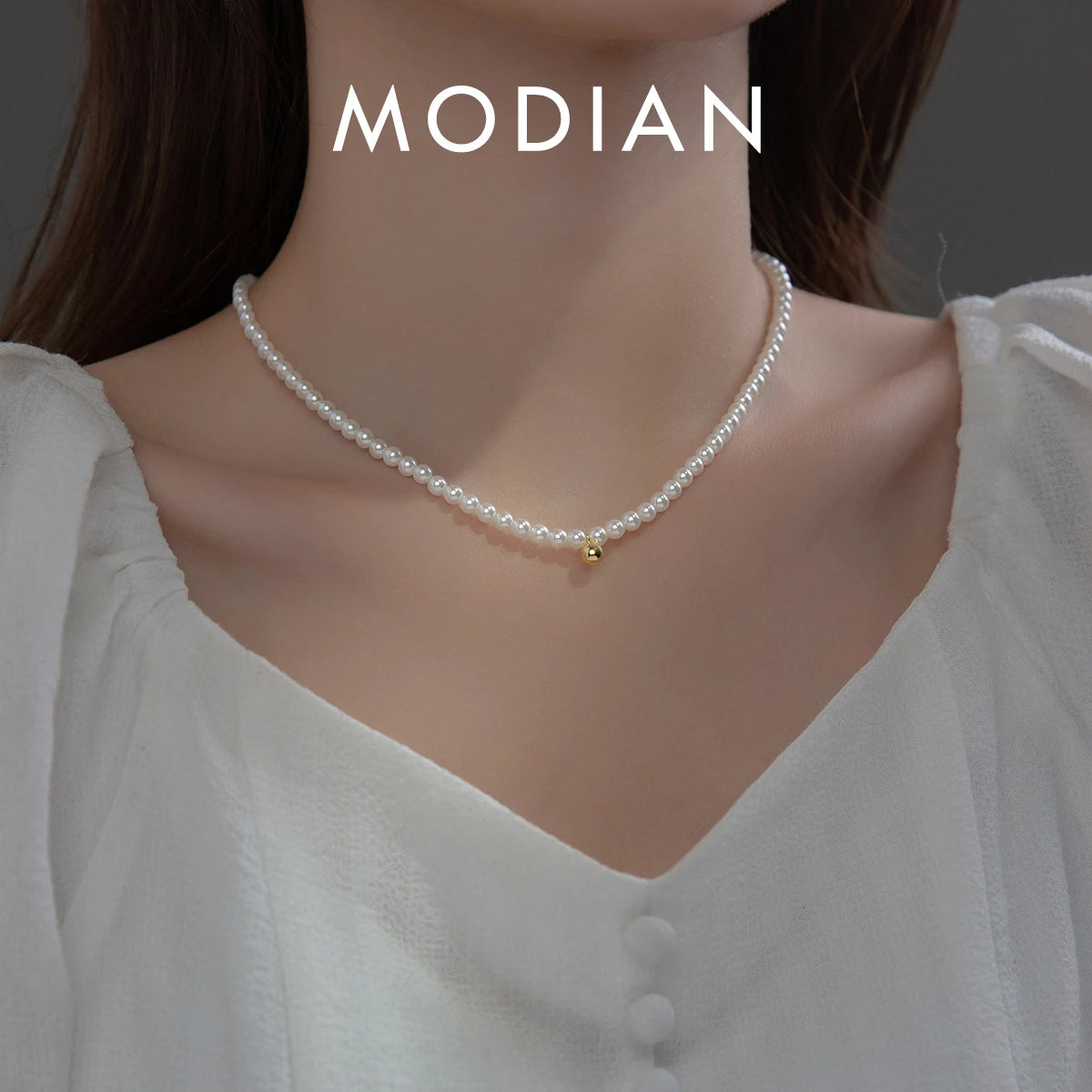 MODIAN 925 Sterling Silver Elegant White Pearl Charm Necklace Shell Pearl Gold Beads Choker Necklace For Women Fine Jewelry