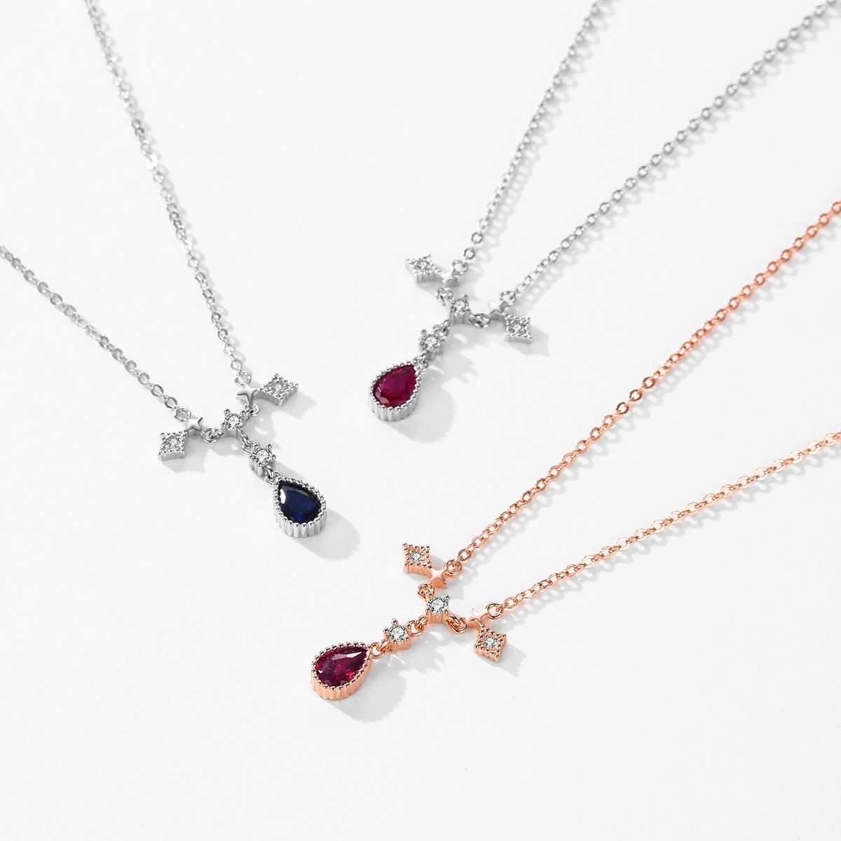 Collar con colgante de gota de agua de lujo MODIAN de plata de ley 925 con circonita azul y roja, cadena de eslabones clásica para mujer, joyería de boda
