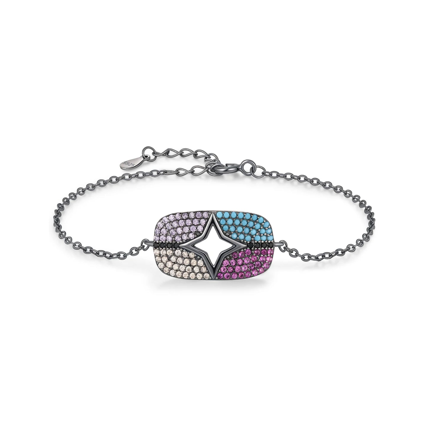 MODIAN 925 Sterling Silver Black Colorful Zirconia & Turquoise Geometric Stars Bracelet For Women Fine Stackable Jewelry