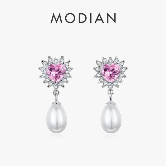 Pendientes MODIAN de plata de ley 925 con forma de corazón y circonita rosa, románticos y elegantes, con forma de concha y perla, para mujer, joyería fina.