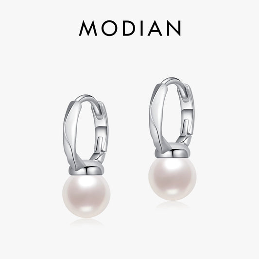 Pendientes de aro de plata de ley 925 MODIAN con elegantes perlas y conchas, con hebilla original para vacaciones, joyería para mujer