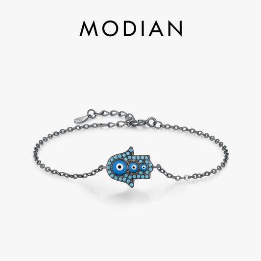 MODIAN 925 Sterling Silver Blue Enamel Synthetic Turquoise Link Chain Bracelet Black Ghost Eyes Palm Bracelets For Women Jewelry