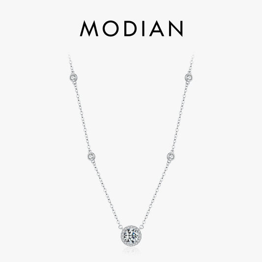 MODIAN 925 Sterling Silver Luxury Round Clear AAAAA Zircon Pendant Necklace For Women Wedding Engagement Bridal Fine Jewelry
