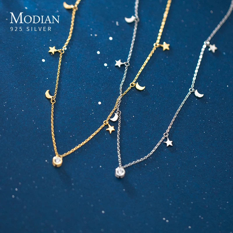 Modian 925 Sterling Silver Star And Moon Chain Sparkling Starry Link Chain Pendant Necklaces For Women Prevent Allergy Jewelry