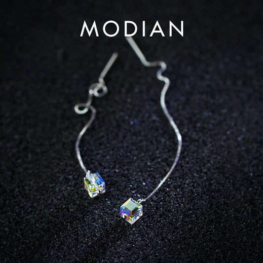 Modian - Pendientes de plata de ley 925 con forma de gota cuadrada geométrica de cristal colorido para mujer, joyería fina de moda