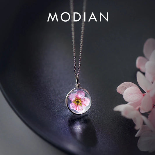 Collar con colgante de flor de melocotón redonda de lujo Modian Charm para mujer, cadena de moda de plata de ley 100 % 925, joyería fina