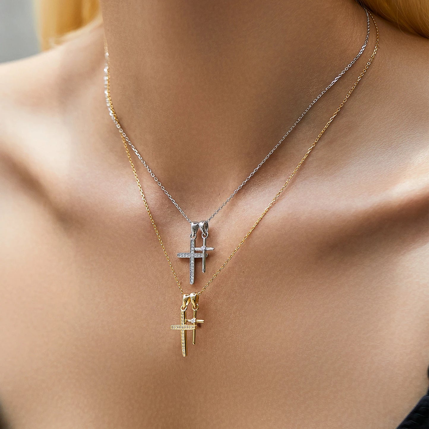 Collar con colgante de cadena de eslabones de circonita de doble cruz, clásico y delicado de plata de ley 925 de MODIAN para mujer, joyería fina, regalos