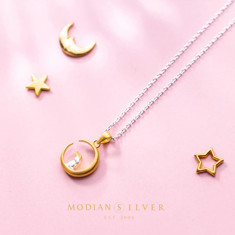 Modian Gold Color Crescent Cute Rabbit Sterling Silver 925 Pendant for Women Link Chain Necklace Original Fine Jewelry Girl Gift