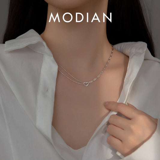 Collar de cadena de plata de ley 925 auténtica de MODIAN con colgante de corazones asimétricos para mujer, joyería fina, regalo