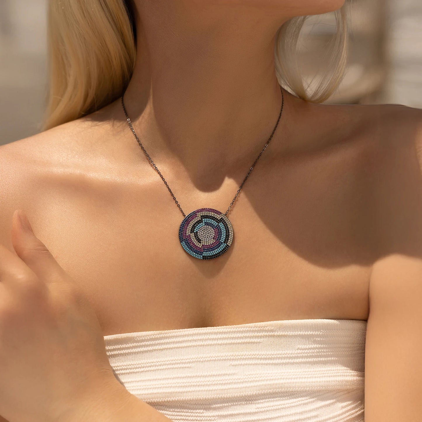 MODIAN 925 Sterling Silver Mosaic Style Colorful Zirconia Big Pendant Necklace Fashion Stackable Jewelry For Women Gifts