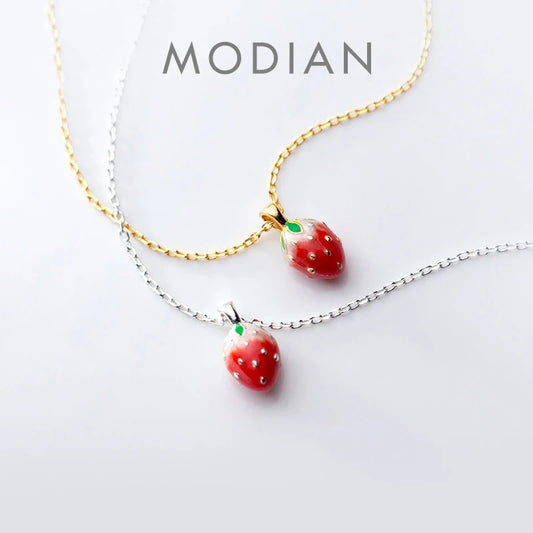 Collar con colgante de fresa Modian para mujer, de plata de ley 925 auténtica, color dorado, joyería fina