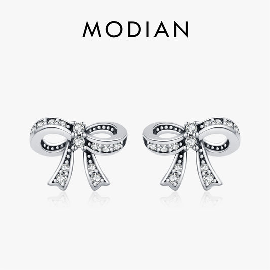 Pendientes MODIAN de plata de ley 925 con lazo vintage y circonita cúbica transparente deslumbrante para mujer, accesorios de joyería fina retro