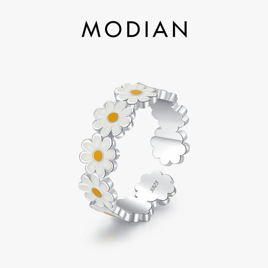 Anillo ajustable de lujo con diseño de margaritas y esmalte de plata esterlina 925 maciza de MODIAN para mujer, joyería fina para fiestas, regalo de cumpleaños