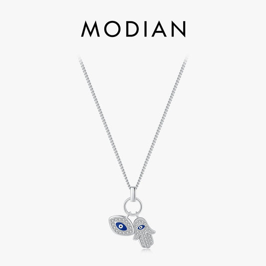 Collar con colgante de circonita transparente con ojos de la mano de Fátima de MODIAN en plata de ley 925, cadena de la suerte para mujer, joyería fina