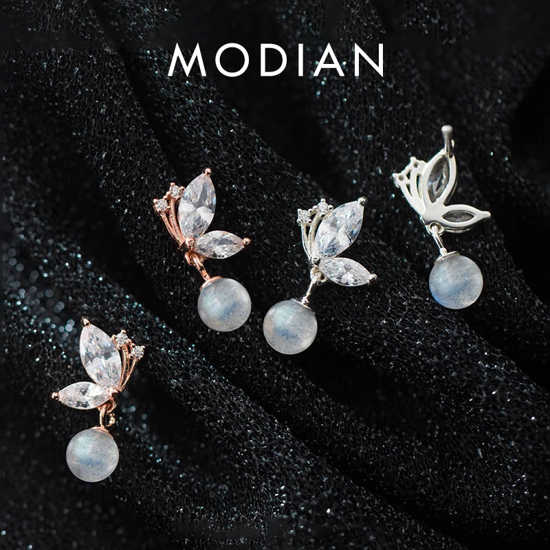 Modian Dazzling Zircon Lovely Butterfly Sterling Silver 925 Drop Earring for Women Moonstone Short Dangle Earring Fine Jewelry