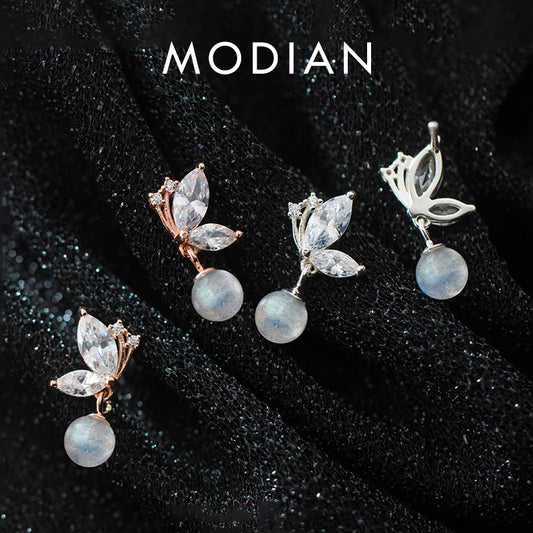 Modian Dazzling Zircon Lovely Butterfly Sterling Silver 925 Drop Earring for Women Moonstone Short Dangle Earring Fine Jewelry