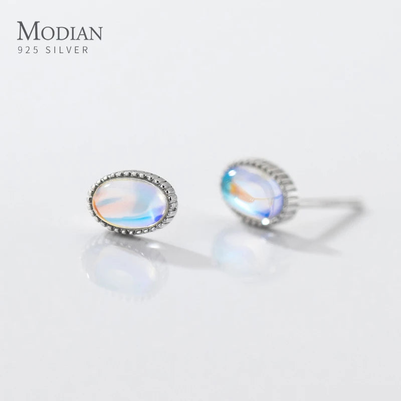 Modian 925 Sterling Silver Round Drop Oval Shape Exquisite Stud Earrings for Women Fine Jewelry Simple MoonStone Anniversary
