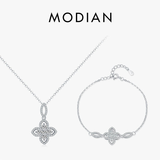 MODIAN 925 Sterling Silver Luxury Flowers Pendant Necklace Classic Daily Wear Jewelry Sets For Women Fine Bracelet