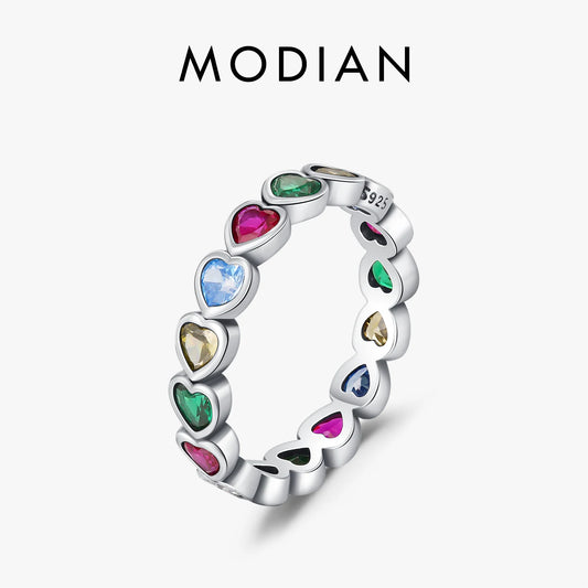 MODIAN 925 Sterling Silver French Vintage Elegant Colorful CZ Heart Stackable Eternity Band Rings For Women Fine Jewelry