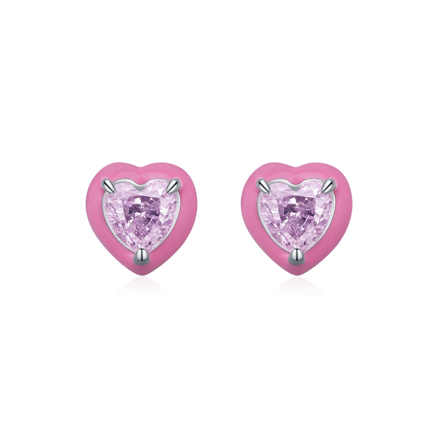 MODIAN 925 Sterling Silver Luxury Cute Pink Enamel Heart Crushed Ice Cut Zircon Romantic Stud Earrings For Women Fine Jewelry