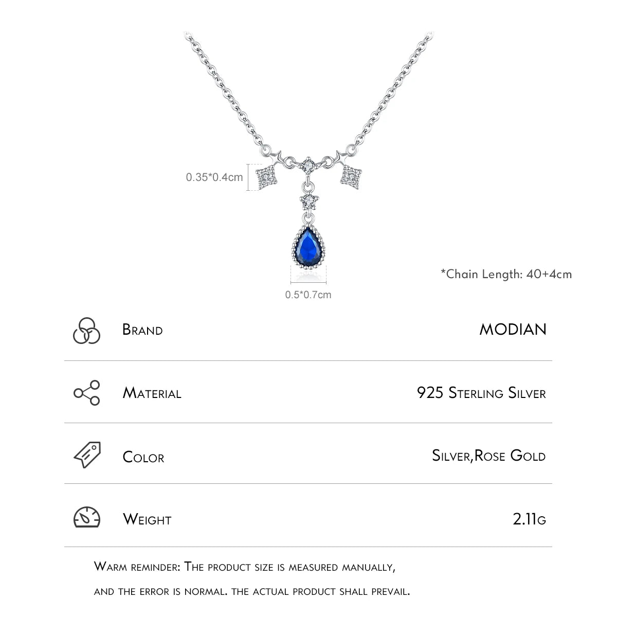Collar con colgante de gota de agua de lujo MODIAN de plata de ley 925 con circonita azul y roja, cadena de eslabones clásica para mujer, joyería de boda