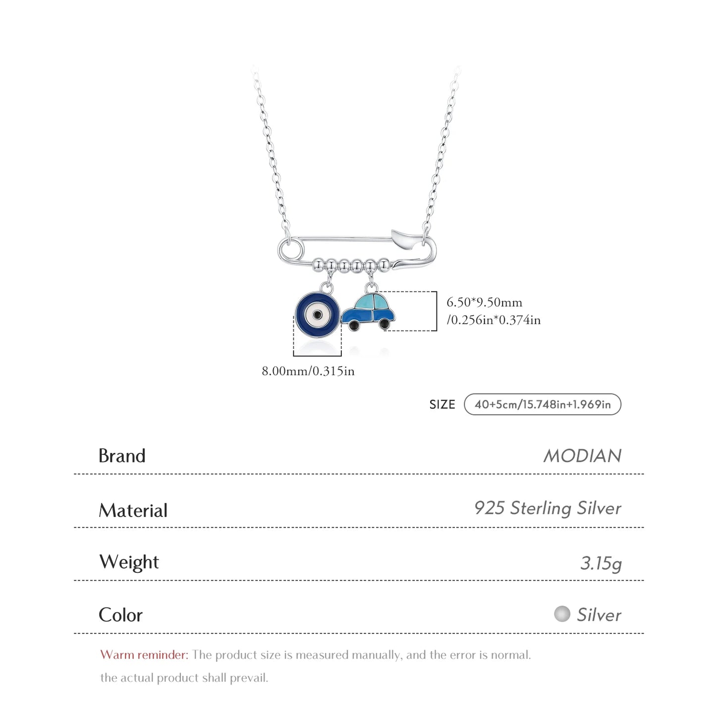 MODIAN 925 Sterling Silver Original Pin Pendant Necklace Fashion Blue Enamel Eyes & Car Necklaces For Women Fine Jewelry