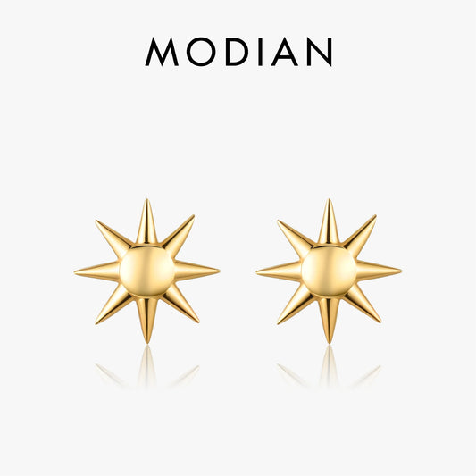 Pendientes MODIAN de plata de ley 925 con diseño de sol, color dorado, unisex, para hombre y mujer, joyería fina