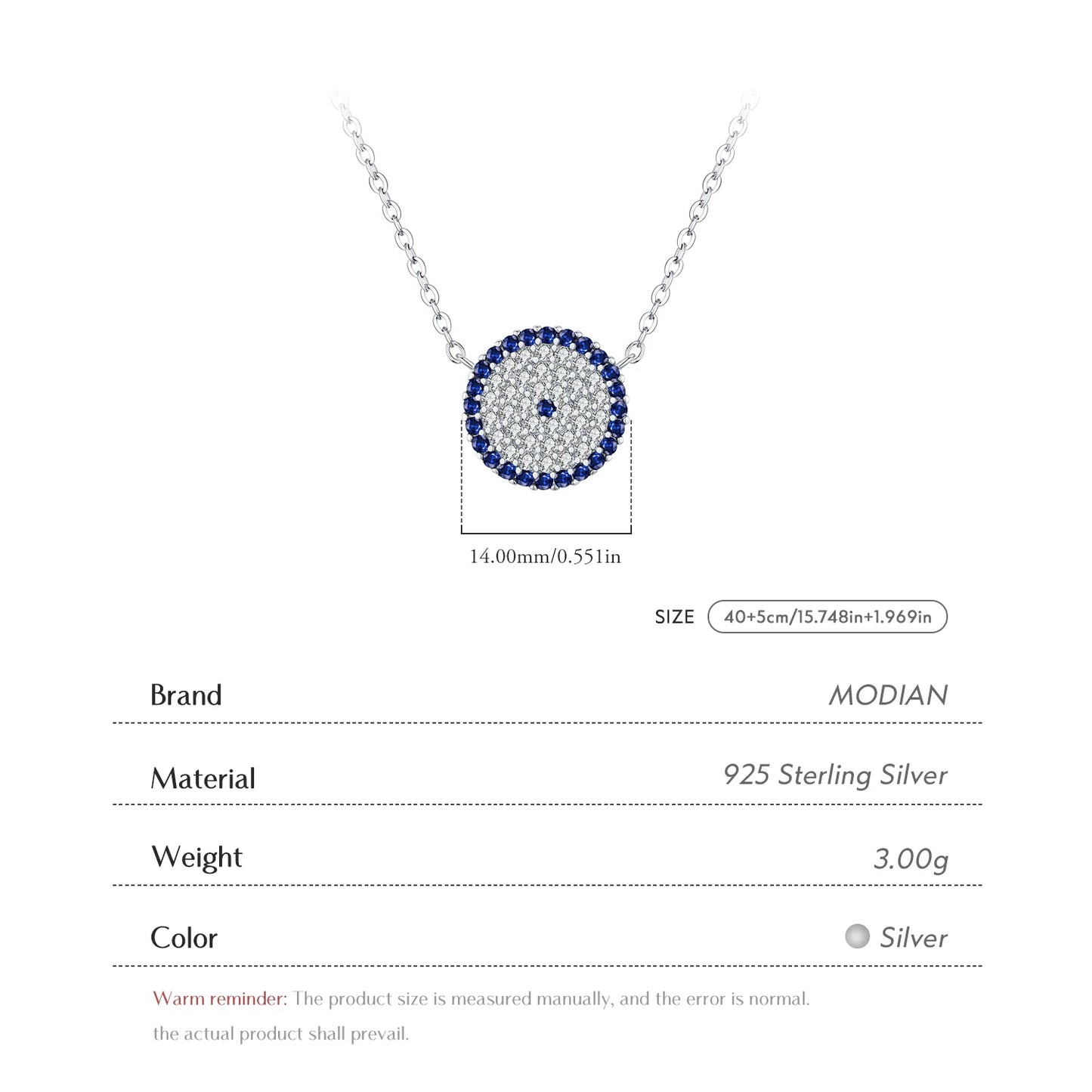 MODIAN 925 Sterling Silver Classic Round Eyes Pendant Necklace Shiny Full Zirconia Link Chain Necklaces For Women Jewelry
