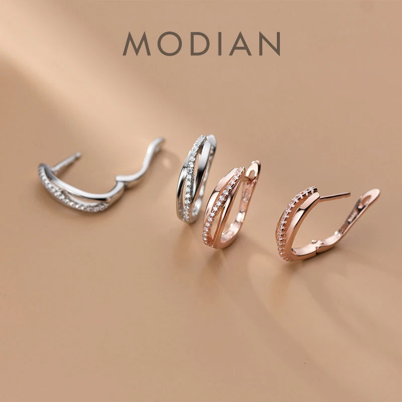 Modian 100% Real 925 Sterling Silver Clear CZ Geometric Twist Of Fate Hoop Earrings for Women Korea Style Fine Jewelry Brincos