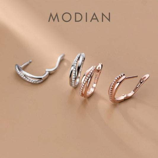 Modian 100% Real 925 Sterling Silver Clear CZ Geometric Twist Of Fate Hoop Earrings for Women Korea Style Fine Jewelry Brincos