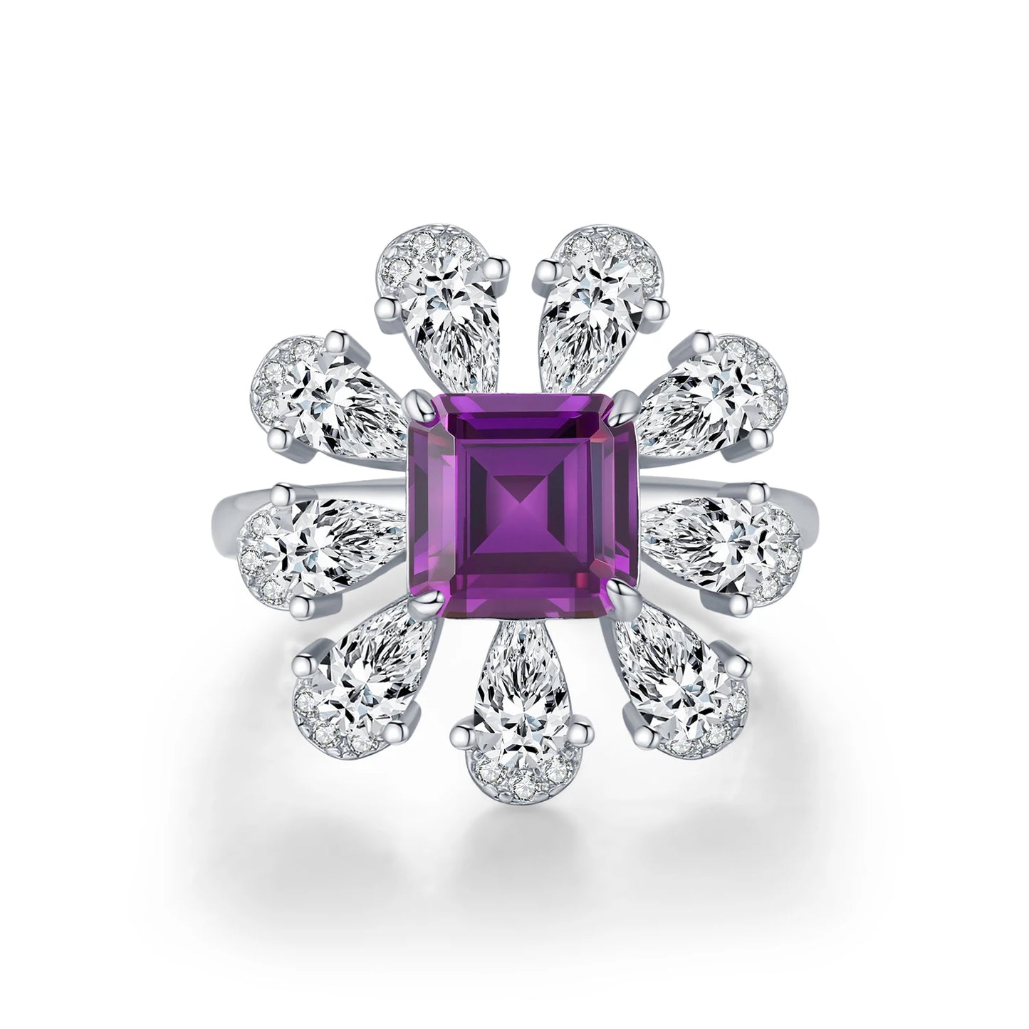 MODIAN 925 Sterling Silver Luxury Ascher Cut Violet Color Flower Zirconia Finger Rings For Women Party Fine Jewelry