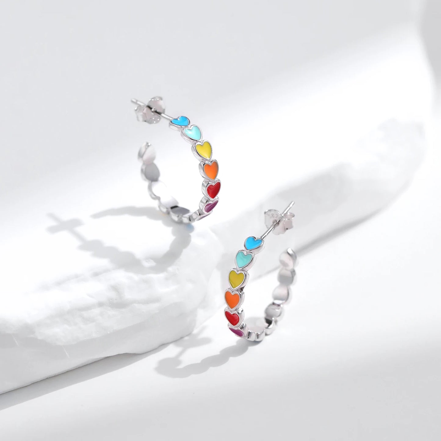 Pendientes MODIAN de plata de ley 925 con forma de C y corazones esmaltados de colores, joyería romántica y dulce para mujeres y niñas.