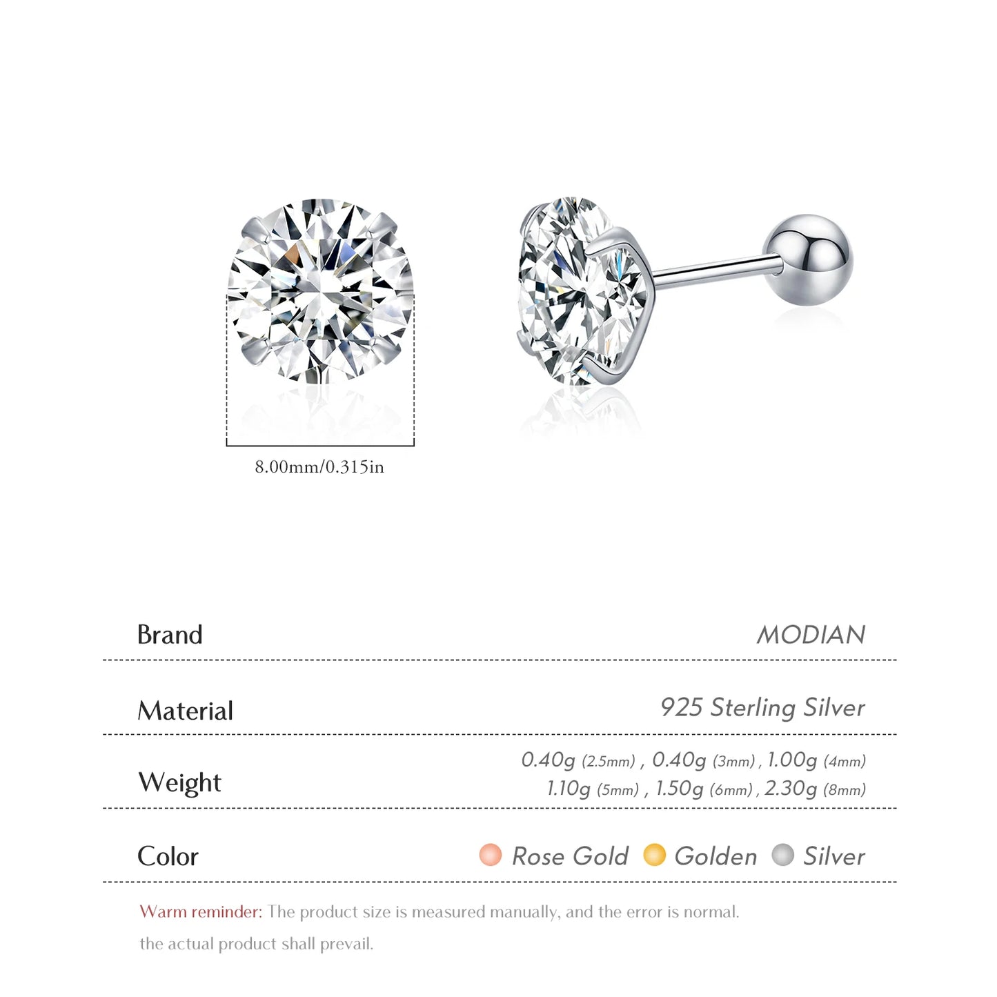 MODIAN Multicolor 925 Sterling Silver Elegant Beads Screw Earrings Classic Round CZ Stud Earrings For Women Jewelry 2.5MM-8MM