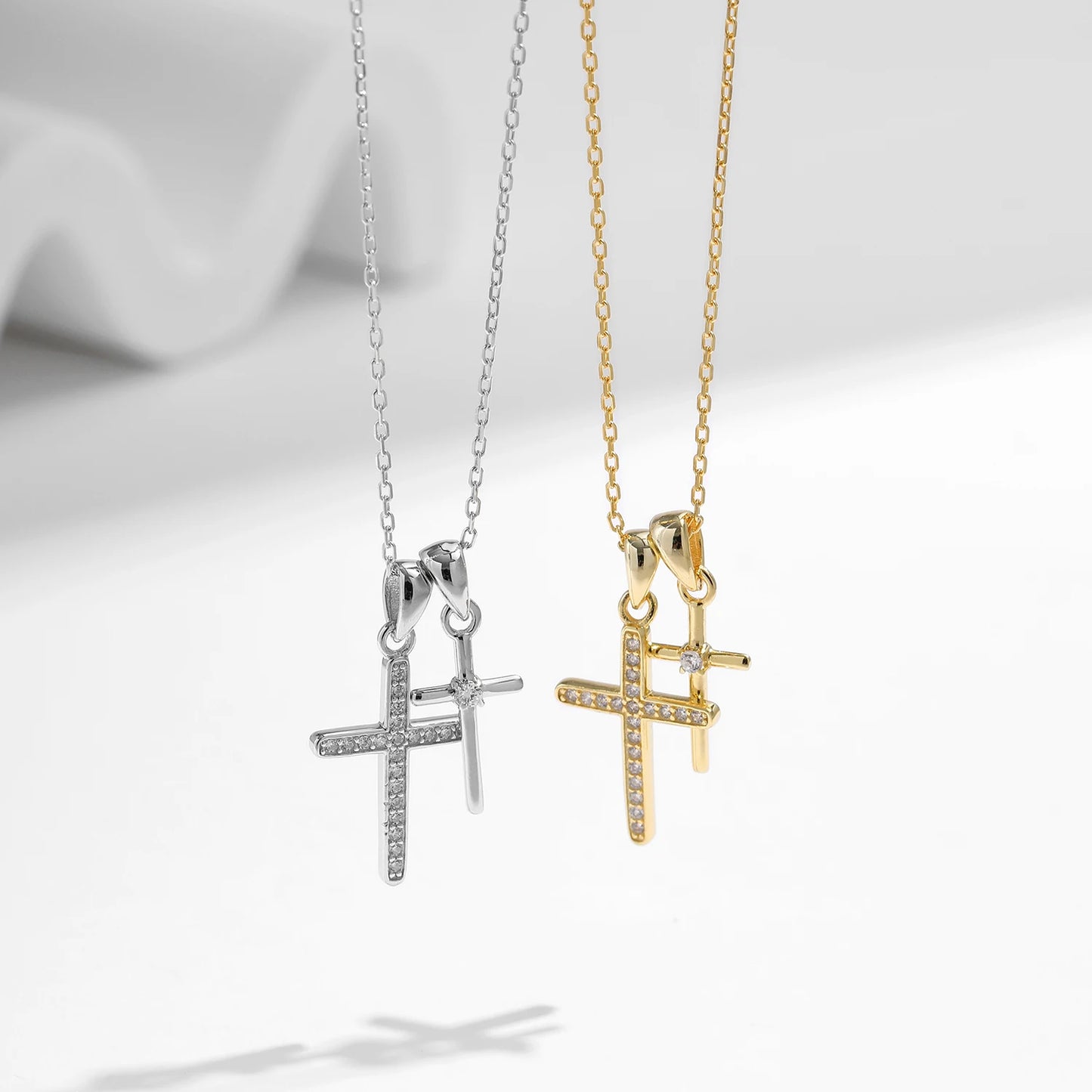 Collar con colgante de cadena de eslabones de circonita de doble cruz, clásico y delicado de plata de ley 925 de MODIAN para mujer, joyería fina, regalos