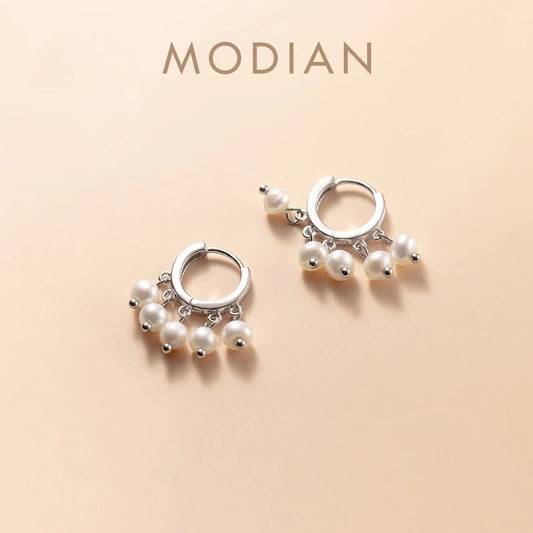 Modian 100% 925 Sterling Silver Charm Circle Elegant Swing Pearl Female Hoop Earrings For Women Wedding Engagement Jewelry