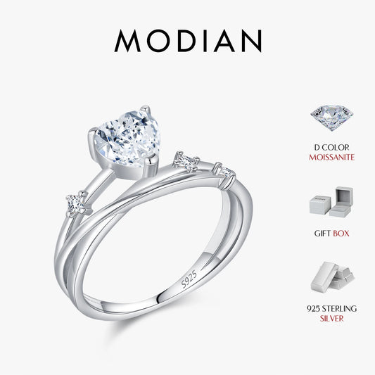 MODIAN 0.8CT D Color Heart Moissanite 925 Sterling Silver Line Multi-layer Rings For Women Romantic Wedding Fine Jewelry Gifts