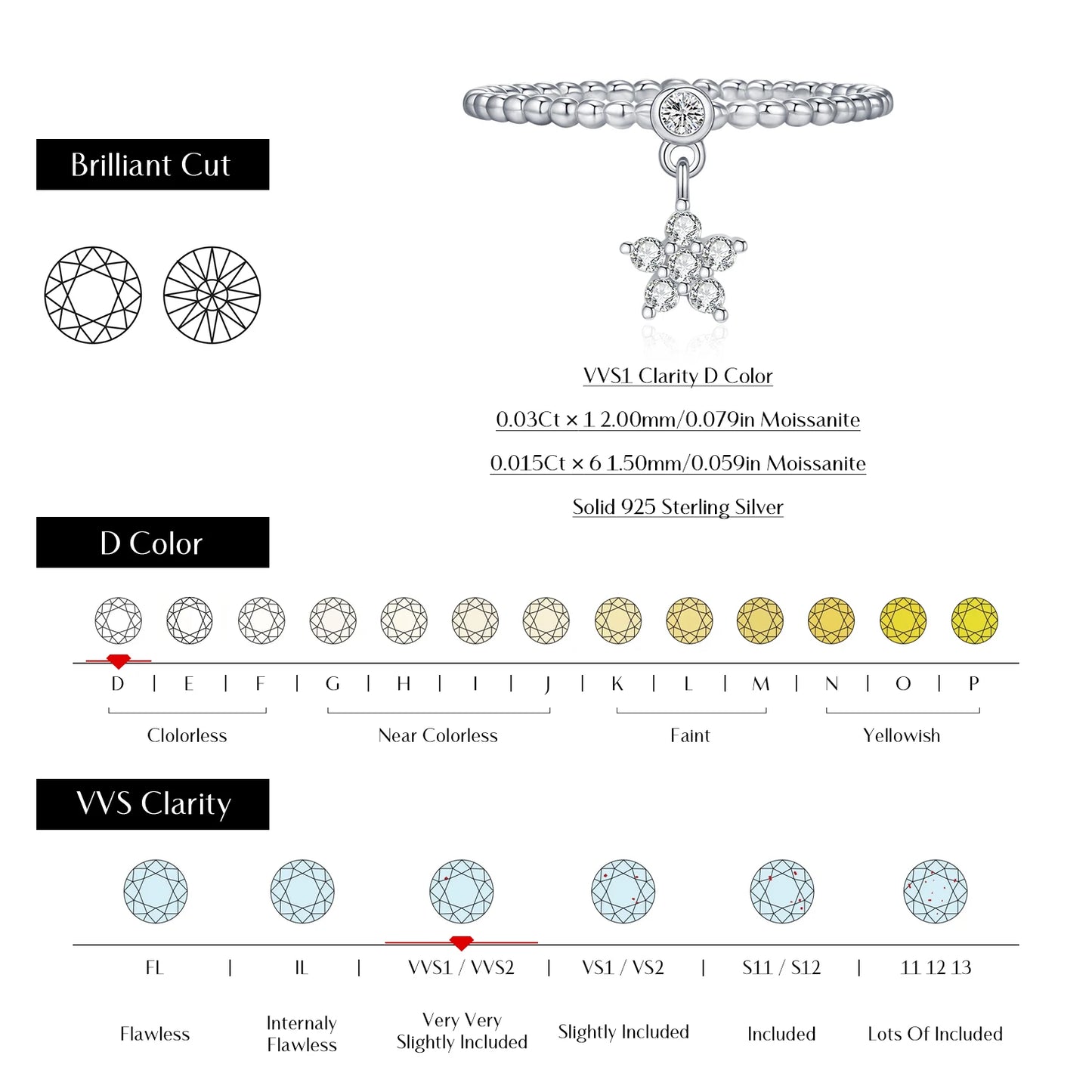 MODIAN D Color Flowers Moissanite Rings 925 Sterling Silver Beads Shiny Stars Swing Pendant Ring For Women Daisy Fine Jewelry
