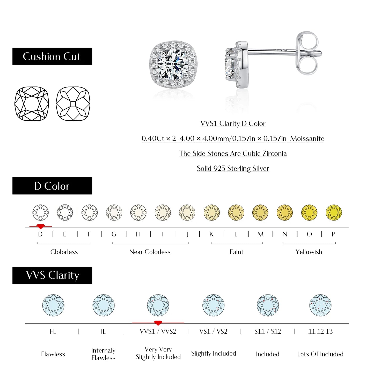MODIAN D Color Moissanite Stud Earrings Brilliant Square Cut Lab Created Diamond 925 Silver Earrings For Women Wedding Jewelry