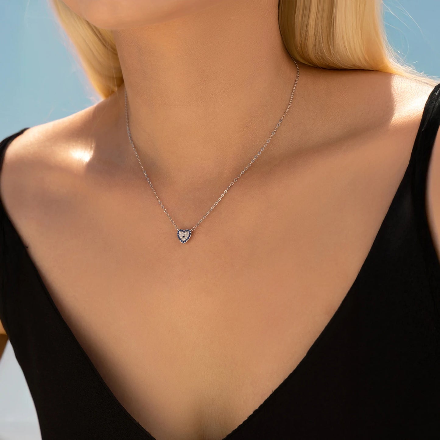 MODIAN 925 Sterling Silver Basis Hearts Blue Zirconia Pendant Necklace Fashion Stackable Link Chain Jewelry For Women Gifts