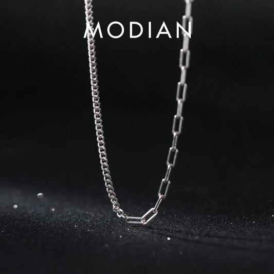 Collar de cadena asimétrica Modian, de plata de ley 100 % 925, sencillo, para mujeres y niñas, accesorios de joyería.
