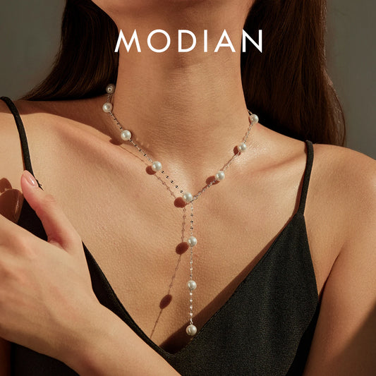 MODIAN 925 Sterling Silver Elegant Y Shape Pendant Necklace Sweet Crystal Pearls Charm Necklaces For Women Party Fine Jewelry