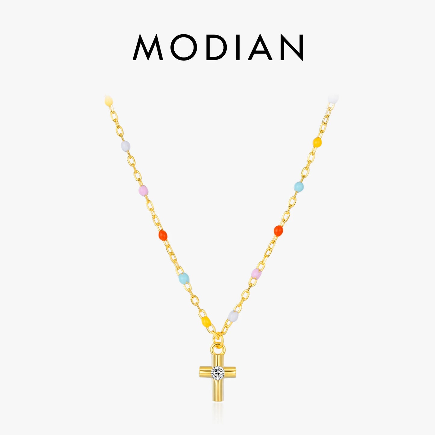 MODIAN 925 Sterling Silver Delicate Cross Pendant Necklace Colorful Enamel Beads Chain Necklace for Women Party Dainty Jewelry