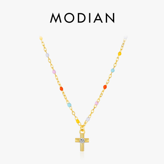 MODIAN 925 Sterling Silver Delicate Cross Pendant Necklace Colorful Enamel Beads Chain Necklace for Women Party Dainty Jewelry
