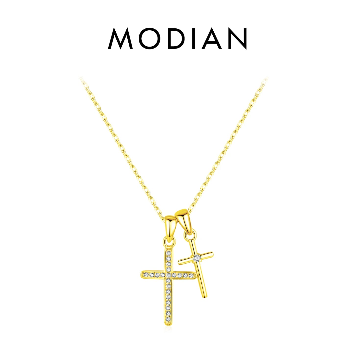 Collar con colgante de cadena de eslabones de circonita de doble cruz, clásico y delicado de plata de ley 925 de MODIAN para mujer, joyería fina, regalos