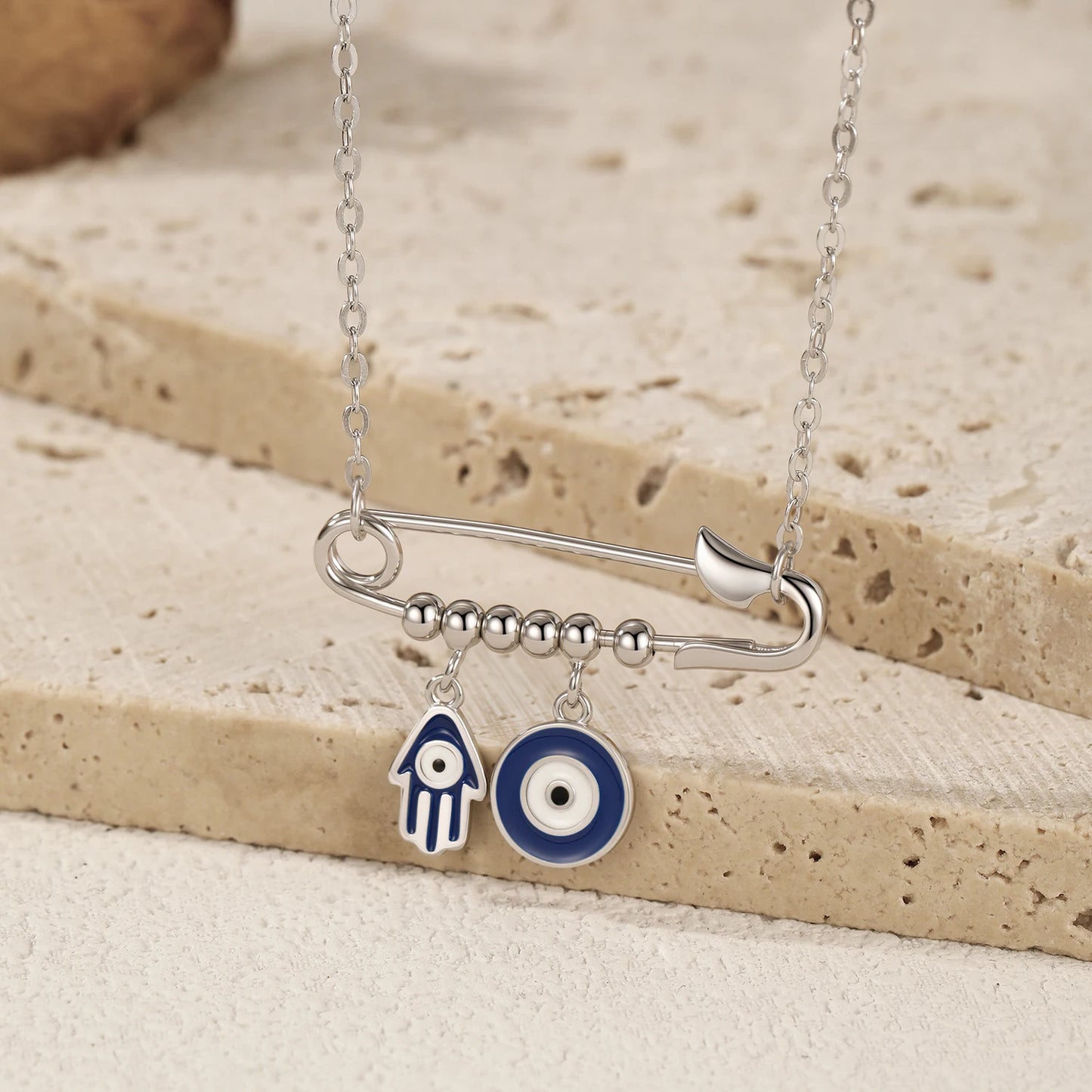 MODIAN 925 Sterling Silver Blue Enamel Eyes & Palm Charms Pendant Necklace Pin Beads Link Chian Necklaces For Women Jewelry Gift