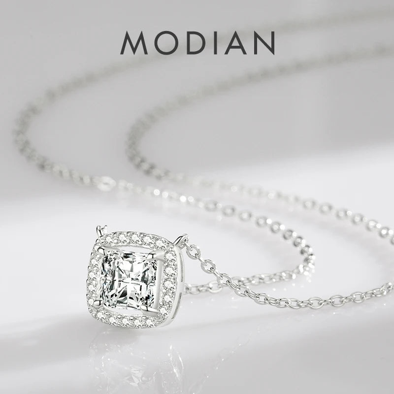 Modian Real 925 Sterling Silver Exquisite Square Shiny Zirconia Pendant Clear CZ Chain Necklace for Women Wedding Fine Jewelry