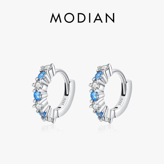 Pendientes de aro Modian de plata de ley 925 auténtica con circonitas azules brillantes, diseño original para mujer, joyería fina.
